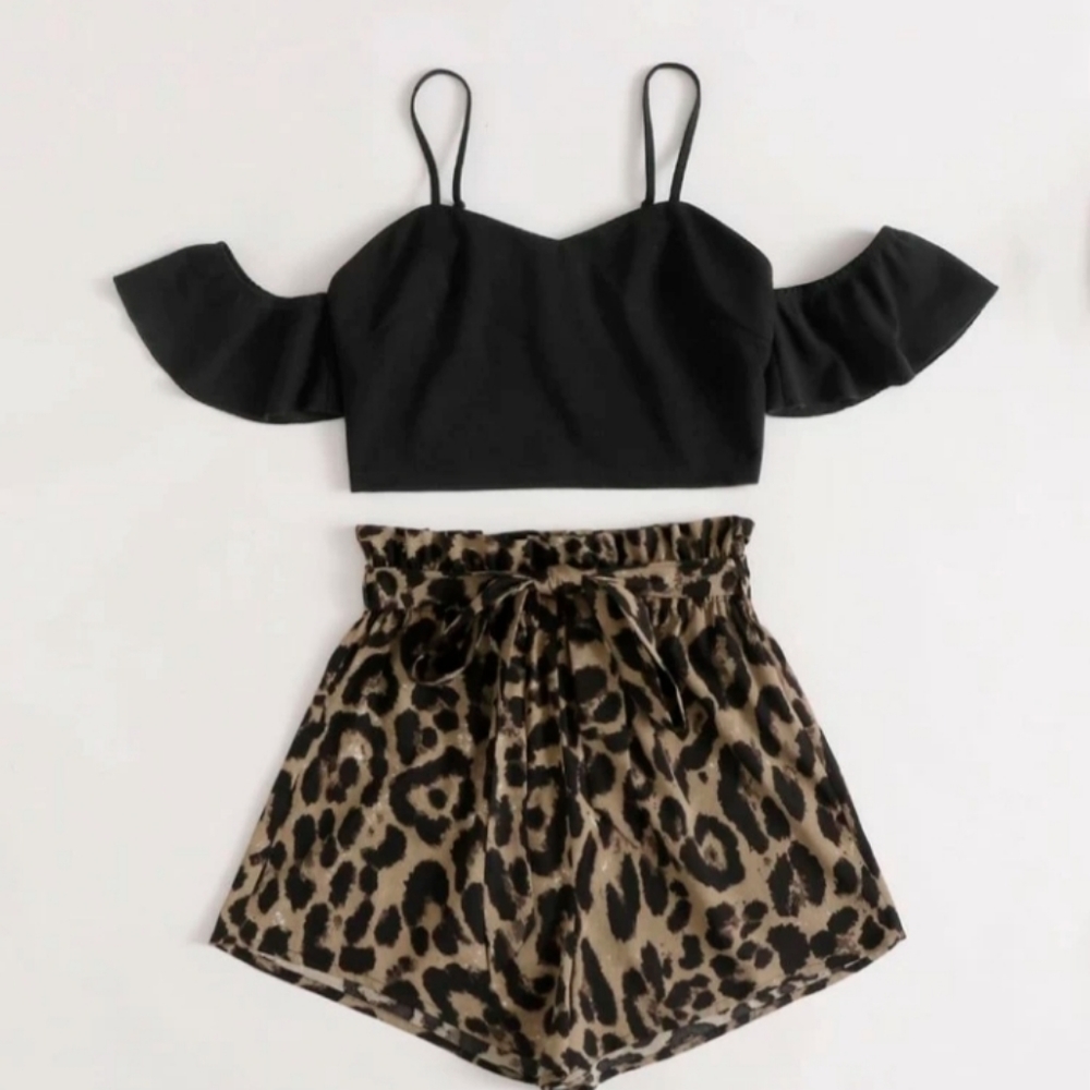 Cold shoulder crop top & silk cheetah shorts